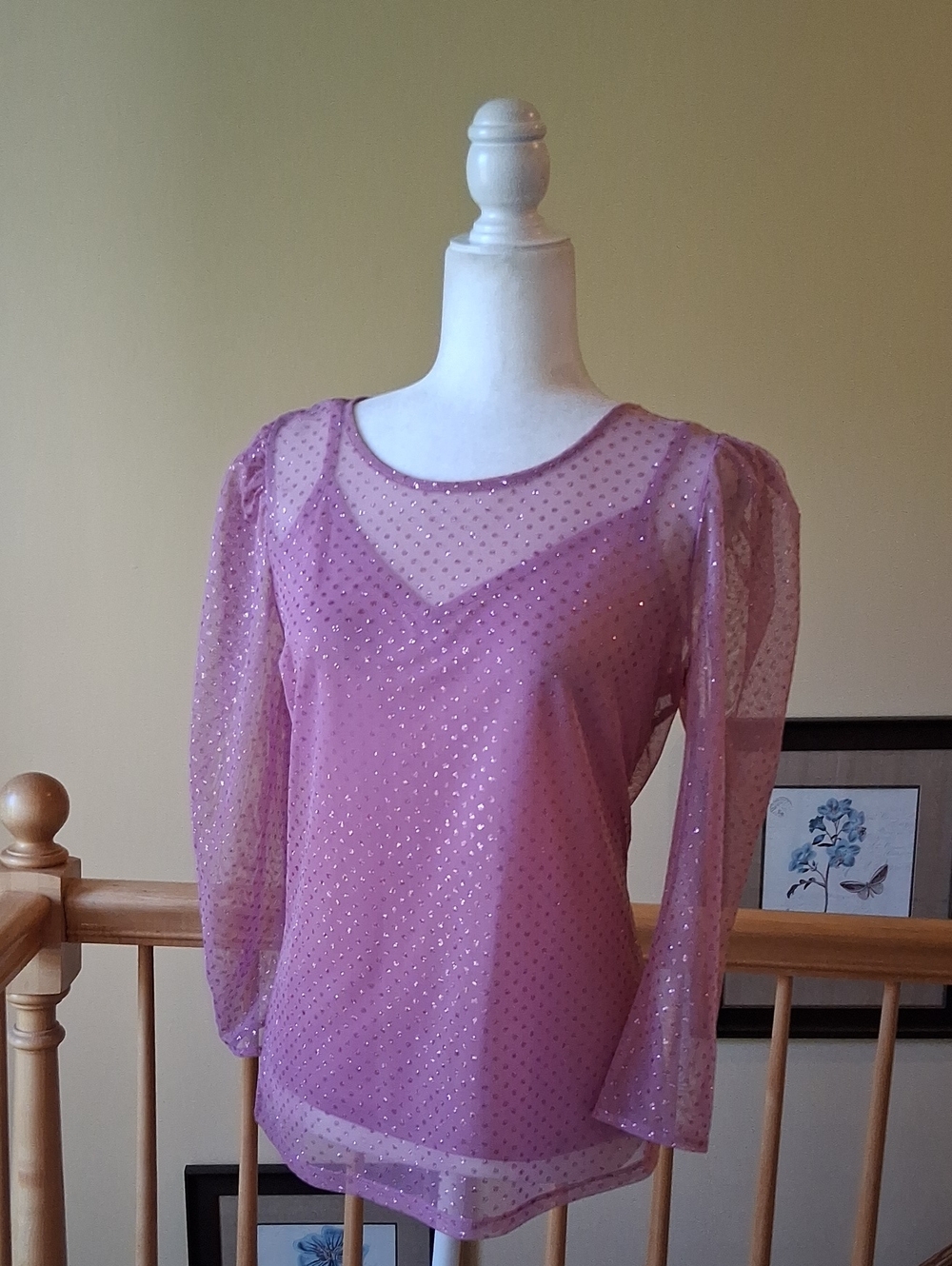 INC International Concepts Dusty Rose Sheer Bling Sparkle Blouse
